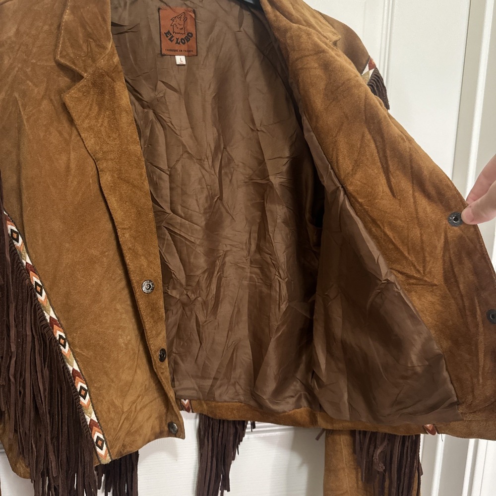 Western Fringe Leather Suede Jacket‎ Button Up Brown Aztec Design Sz Woman's L - Picture 9 of 15